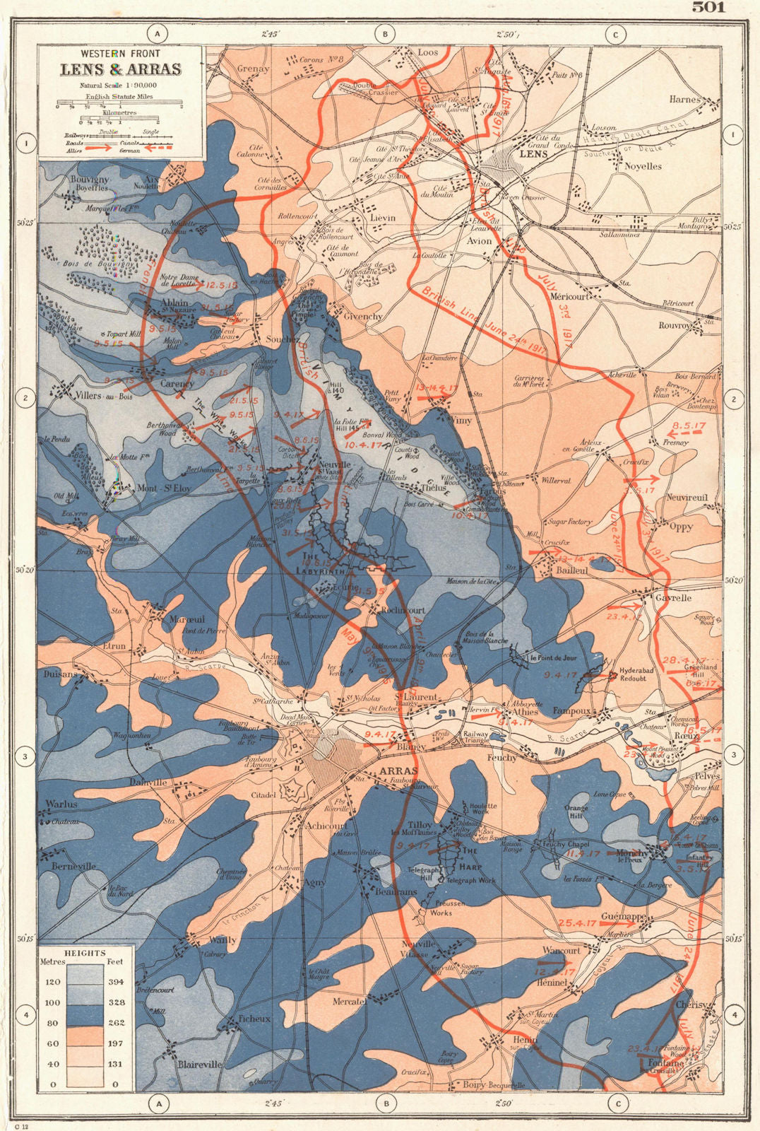 FIRST WORLD WAR WESTERN FRONT. Lens & Arras. 1915-17 battle lines. WW1 1920 map
